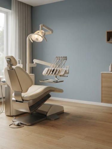 Light-filled modern dental treatment room, calm atmosphere, soft Baltic daylight, no people, shallow depth of field, cream and muted blue tones, panoramic 21:9 frame, subject off-center to the left, generous negative space on the right.