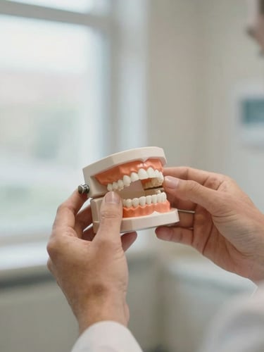Close-up of Dr. Jens Leichsenring's hands gently demonstrating a dental model, soft focus background of a bright clinic window, warm interior lighting, muted blue and sand tones.