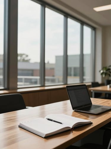 Wide-angle view of a professional real estate office interior, natural daylight streaming through tall windows onto a desk with open notebooks and a laptop mid-work, warm wood tones, no people