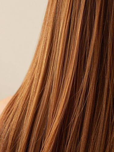 Macro shot of long, silky chestnut hair with warm golden highlights, soft studio backlighting, shallow depth of field, 85mm lens