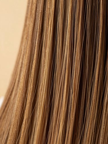 Macro shot of high-end hair extension application, showing the precise and neat alignment of premium hair strands under soft warm studio lighting, 85mm portrait lens.