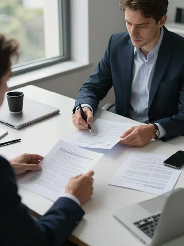 Wide shot of a focused office consultation — two advisors seated at a clean desk reviewing printed financial documents under even natural daylight from a large window to the left, hands visible on paperwork, no faces prominent, organised and attentive atmosphere