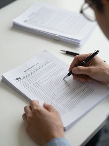 Close-up of an advisor's hands turning a page of a detailed tax planning document on a clean desk, a pen resting nearby, soft natural light from the right, organised papers in soft focus behind
