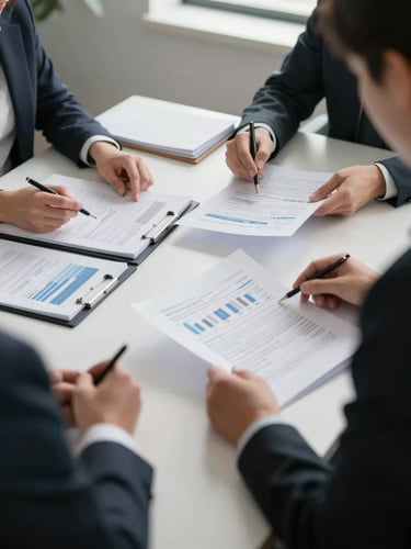 Wide shot of a focused advisory office, two professionals reviewing printed financial documents on a clean desk under soft natural daylight, papers and folders organised neatly, no faces visible, calm and attentive atmosphere
