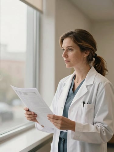 Dr. Evelyn Vance in a professional setting, looking thoughtfully at medical charts, soft natural window light, modern clinic architecture.