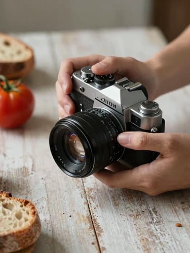 Soft diffused side-light on hands holding a vintage camera over a styled rustic table of heirloom tomatoes and fresh sourdough, natural shadows.