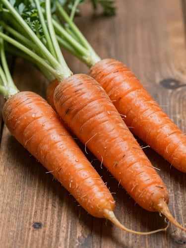 Close-up of raw, textured heirloom carrots with fresh green tops on a rustic wooden table, soft side-lighting with natural shadows.