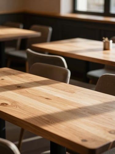 Soft side-lit portrait of empty wooden dining tables in a quiet Scandinavian-style restaurant, natural shadows, warm morning light