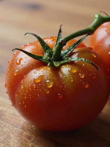 Macro close-up of heirloom tomatoes on a wooden table, soft side-lighting, water droplets, rich textures, deep red and green colors
