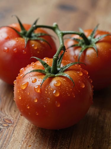 Tight macro shot of fresh heirloom tomatoes with water droplets, soft natural side light casting gentle shadows on a rustic wooden surface, warm scandinavian aesthetic.