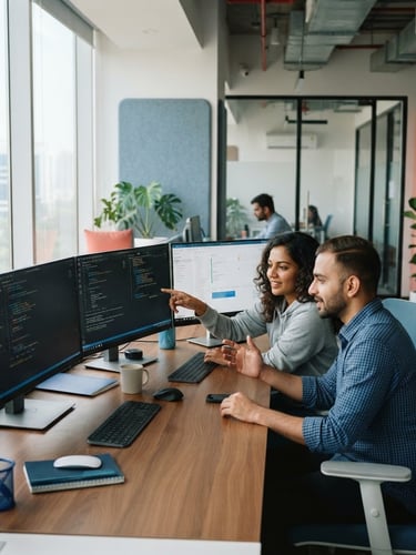 Clean modern collaborative workspace in Noida, bright natural light, software developers collaborating over code on high-end monitors, subtle blue accents, 35mm photography