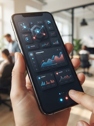 Macro shot of a high-end smartphone displaying a sleek, dark-themed user interface, bright natural office light, subtle blue and coral accents, sharp focus, 35mm
