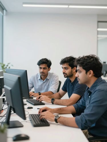 Focused software engineers discussing architecture in a modern bright Noida office, clean lines, professional atmosphere, 35mm photography