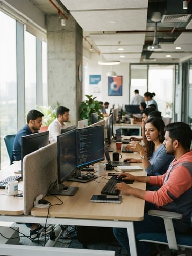 High-end collaborative workspace in Noida, bright natural light, clean desks with monitors displaying code, professional tech agency vibe, 35mm