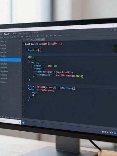 Close-up of a modern code editor displaying clean React code on a high-end monitor, bright natural office light with subtle blue and coral ambient accents, 35mm