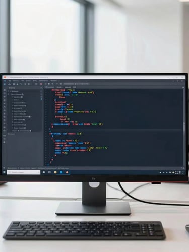 Focused software developer working on a high-end monitor in a bright, natural-light Noida workspace, clean code visible on screen, 35mm photography