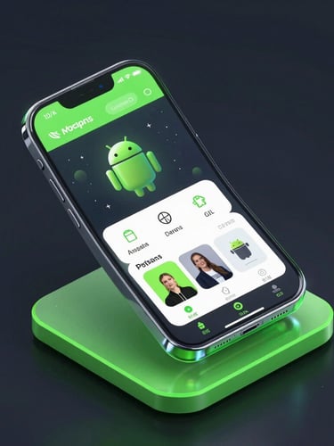 Isometric 3d render of a glowing glass Android device mockup displaying high-fidelity mobile application interface, neon green accents on deep charcoal background, dark-mode digital rendering
