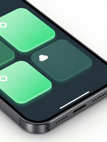 Close-up macro shot of a sleek mobile phone screen displaying a clean green-accented system dashboard, dark-mode digital rendering