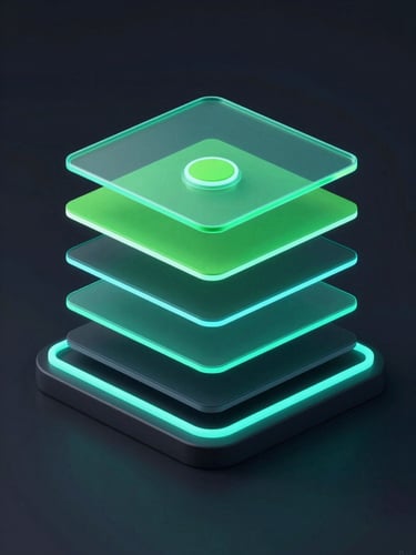 Isometric technical diagram of clean Android app architecture layers, glowing neon cyan lines on deep charcoal background, 3d digital render