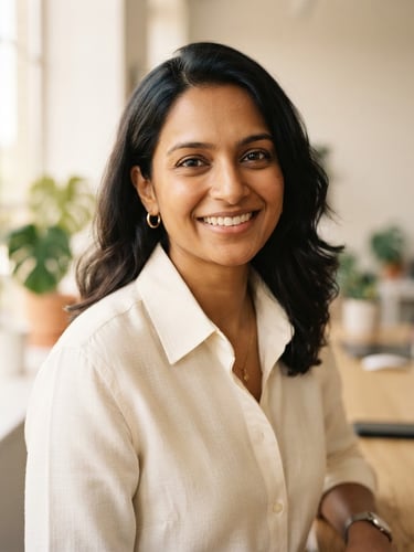 A close-up portrait of a modern Indian professional smiling, wearing a crisp cream tailored cotton shirt, warm natural window light, shallow depth of field.