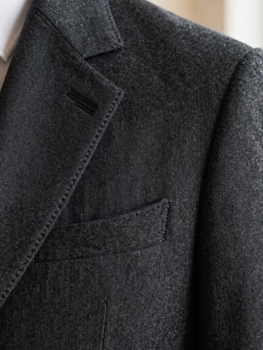 A close-up of neat stitching on a dark charcoal blazer lapel, soft natural window light, high-detail fabric textures.
