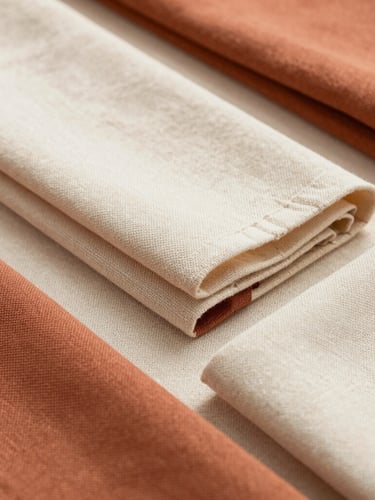 An editorial flat-lay of folded terracotta and cream linen fabrics, showcasing high-detail woven textures, soft natural daylight, minimalist styling.