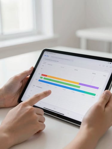 Close-up of hands interacting with a tablet showing a detailed student contribution graph with color-coded active timelines, bright minimalist study space.