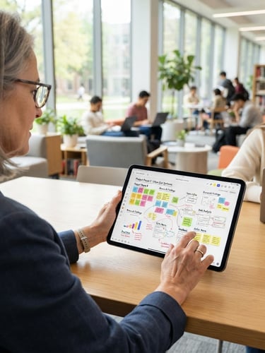 Over-the-shoulder view of a university professor reviewing a real-time collaborative student project board on a tablet, bright modern study space, soft natural daylight.