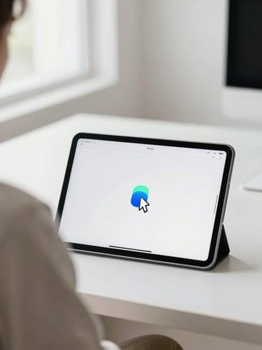 Over-the-shoulder view of a clean digital workspace interface on a tablet, showing real-time cursor indicators in electric blue and mint green, bright natural daylight, minimalist study space, shallow depth of field, 35mm.