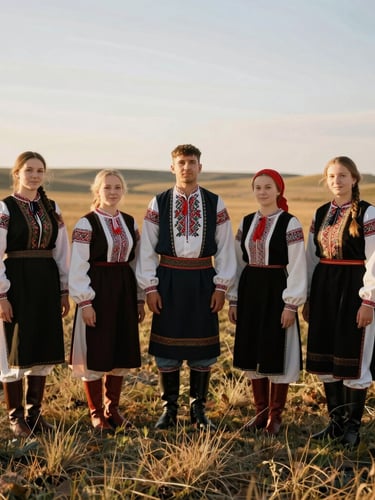 Full-length portrait of Ukrainian folk singers in authentic regional embroidered costumes standing in the open steppe under warm golden-hour light, 35mm