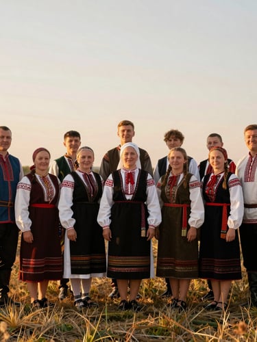 Medium portrait of Ukrainian folk ensemble members in authentic regional costumes, standing together in the open steppe under warm golden-hour light