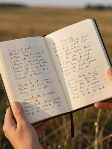 Close-up of hands holding a handwritten folklore archive notebook with lyrics, warm golden-hour light, 35mm