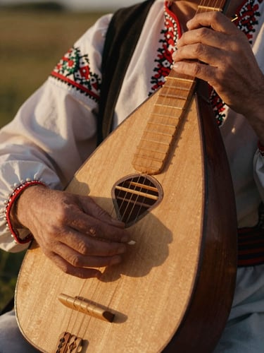 Close-up of hands playing a traditional Ukrainian bandura, warm golden-hour sunlight catching the strings, detailed wood texture, cinematic heritage photography