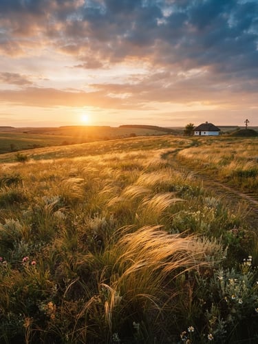 Wide-angle editorial 35mm photo of the vast Ukrainian steppe at sunset, golden-hour light illuminating wild grasses, soft warm tones