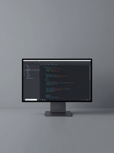 Minimalist clean workspace with a single high-end monitor displaying clean code, soft cool-toned studio light, desaturated slate and charcoal tones, 35mm