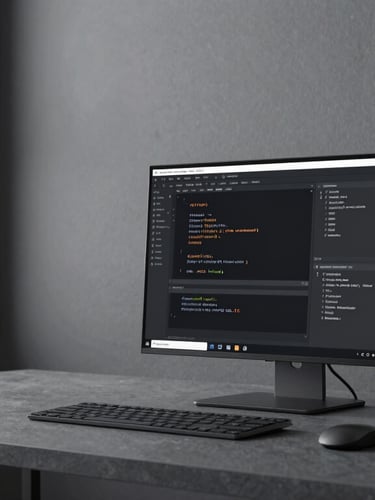 A technical creator in a minimal studio focused on a code editor, soft cool daylight from a window, slate gray tones, clean composition, 35mm