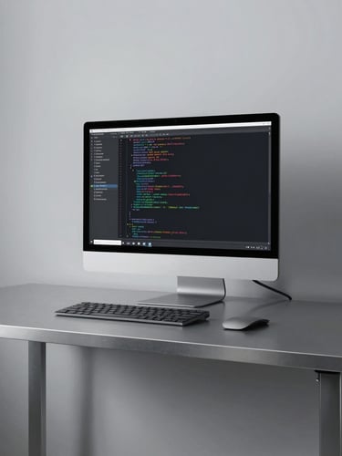 A minimalist modern workspace with a clean metal desk, a single high-end monitor showing abstract code structures, cool diffused daylight, 35mm