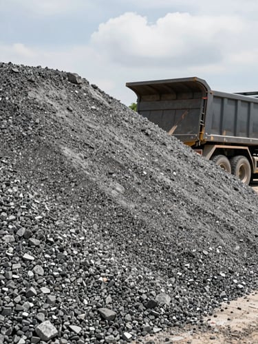Close environmental shot of a large gravel pile at a job site, rough aggregate texture filling the frame, a dump truck tailgate visible at the edge mid-unload, full daylight, overcast sky, no people