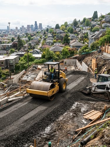 Crisp overcast daylight shot of active sub-grade preparation, heavy compaction equipment leveling dark gravel on a residential Seattle hillside, sharp focus, 24mm architectural photography.