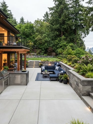 Wide environmental shot of a completed luxury residential outdoor living space in Seattle, featuring a crisp concrete patio with clean level lines, a structural block retaining wall, and precise joint cuts, captured in bright overcast daylight, deep depth of field, 24mm architectural photography.