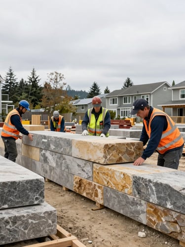 Wide environmental shot of a clean, organized residential construction site in Seattle, professional crew in matching safety gear aligning large structural stone blocks, soft overcast daylight.