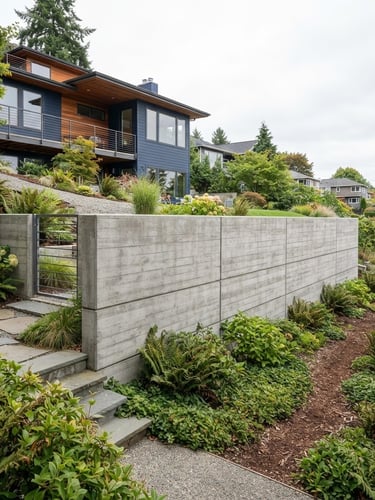 Sharp architectural photography of a massive, perfectly poured concrete retaining wall on a sloped Seattle residential property, crisp overcast daylight, clean level lines, 24mm