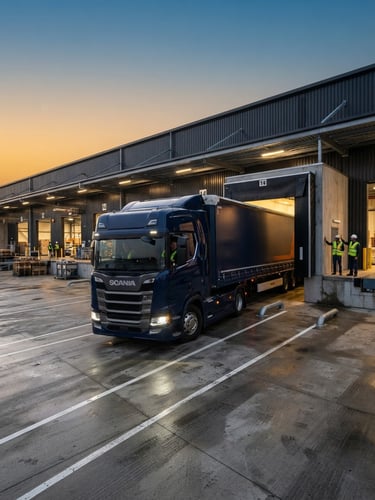 Modern heavy-duty freight truck reversing into a secure warehouse loading dock at dawn, crisp morning light, deep navy and industrial orange tones, wide-angle heroic lens.