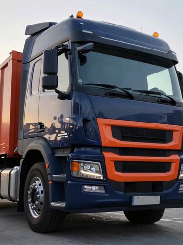 Close-up, low-angle heroic shot of the front grille of a clean, modern heavy-duty freight truck, industrial orange accents visible, parked at a secure loading dock at dawn, crisp light, deep navy and industrial orange tones.