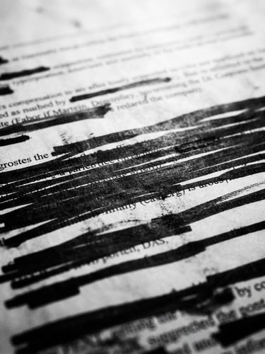 Stark editorial photography of a macro close-up of a redacted corporate filing with thick black marker lines crossing out names, harsh overhead light, deep shadows, desaturated monochrome, 35mm film grain
