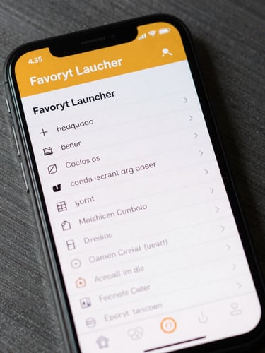 High-contrast screenshot of the Favoryt Launcher interface on a mobile device, displaying a minimal monospaced application list, sharp amber accents, raw steel background.