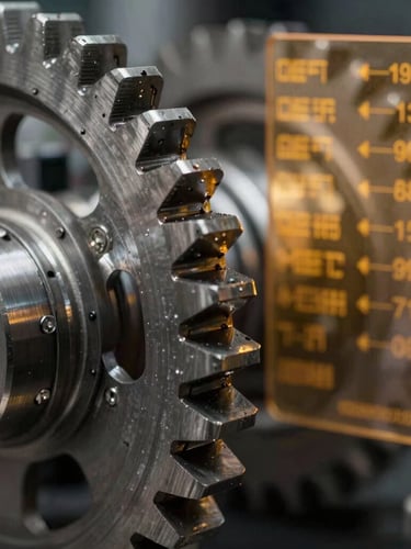Extreme macro shot of raw steel mechanical gears with deep shadows and sharp metallic reflections, overlaid with a translucent amber terminal data readout.
