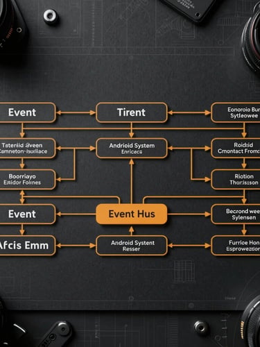 Flat-lay technical vector schematic of an Android system architecture, showing event bus routing with sharp amber lines on a dark charcoal background, industrial blueprint style