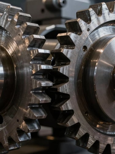 Extreme close-up of physical industrial machinery gears, raw metal textures, high-contrast dramatic studio lighting with deep shadows and sharp metallic reflections
