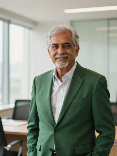 A professional environmental portrait of a senior financial advisor in a bright, modern Mumbai office, natural daylight, soft green and gold tones, clean compositions, 35mm lens